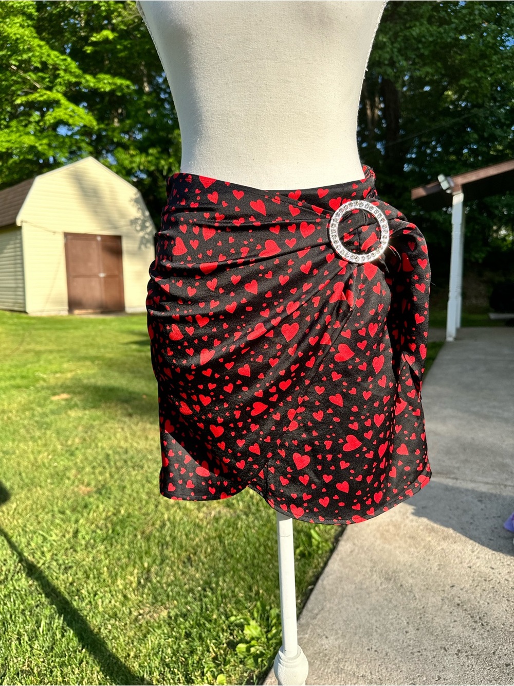 Forever 21 Black Mini Skirt with Red Heart Print and Rhinestone Buckle